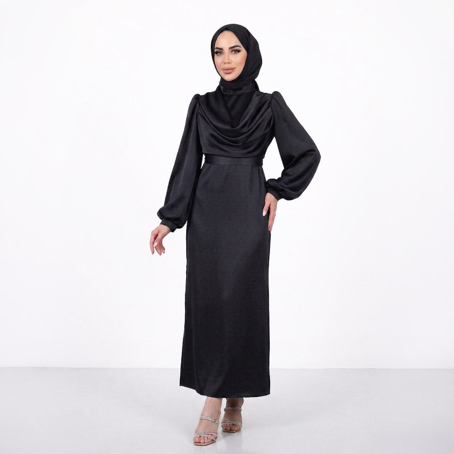 Kadın Siyah Degaje Yaka Kemerli Saten Tesettür Abiye 33502