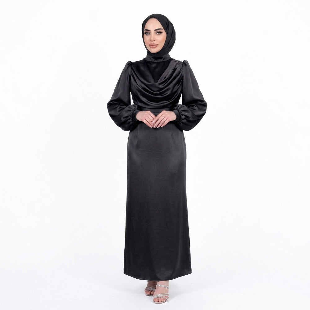 Kadın Siyah Degaje Yaka Kemerli Saten Tesettür Abiye 33502