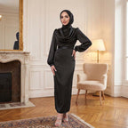 Kadın Siyah Degaje Yaka Kemerli Saten Tesettür Abiye 33502