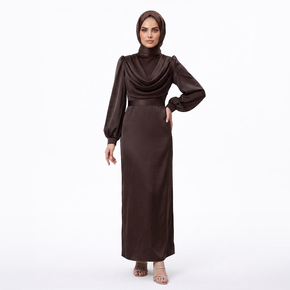 Kadın Degaje Yaka Kemerli Saten Tesettür Abiye 33502