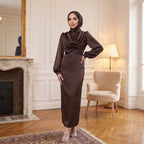 Kadın Degaje Yaka Kemerli Saten Tesettür Abiye 33502