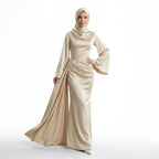 Kadın İspanyol Kol ve Yandan Kuyruklu Saten Tesettür Abiye Elbise 01639