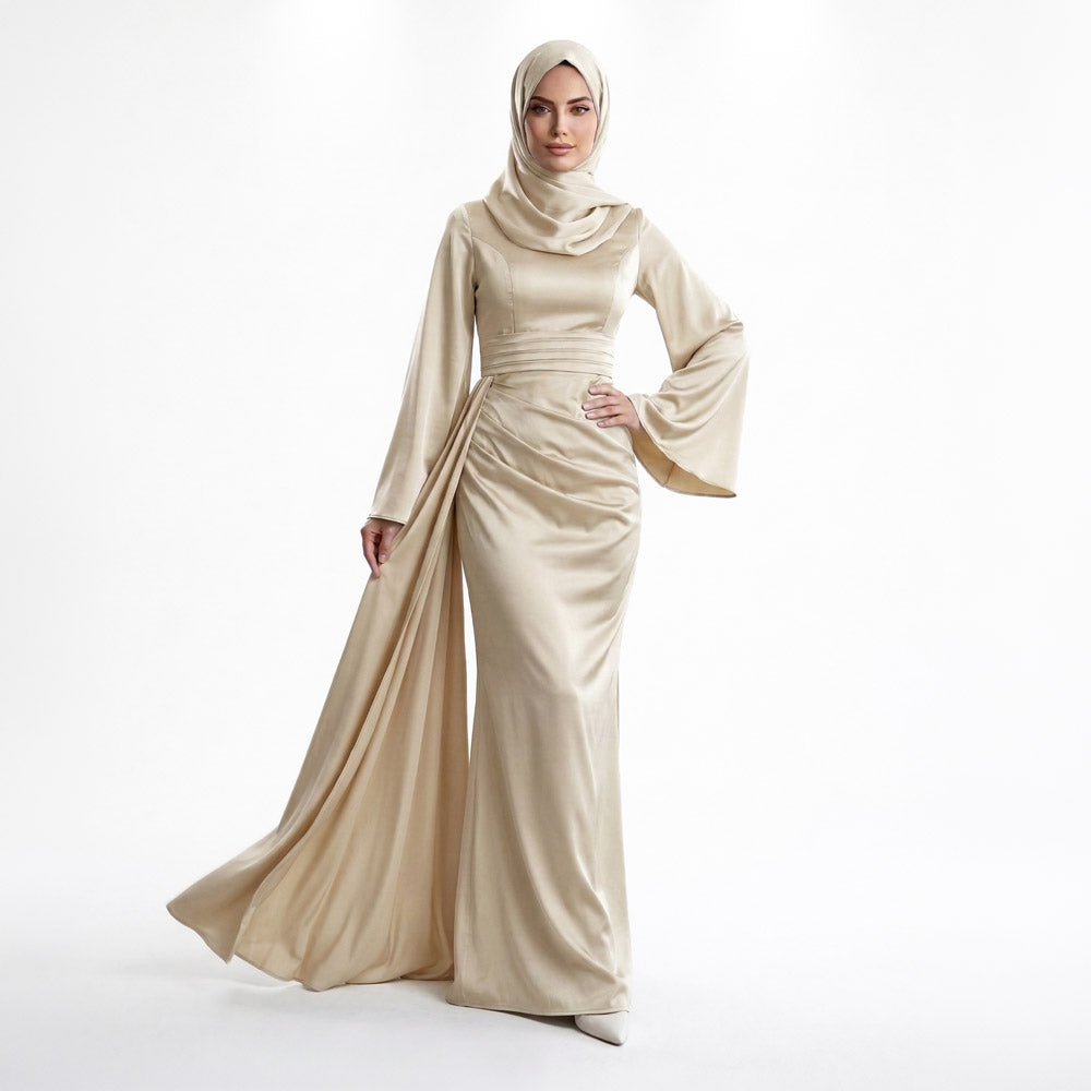 Kadın İspanyol Kol ve Yandan Kuyruklu Saten Tesettür Abiye Elbise 01639