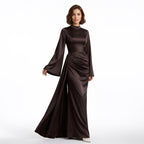 Kadın İspanyol Kol ve Yandan Kuyruklu Saten Tesettür Abiye Elbise 01639