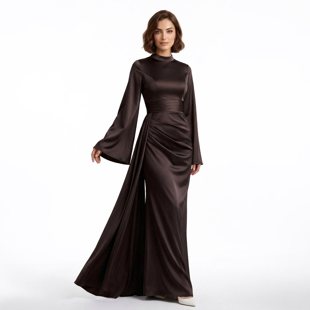 Kadın İspanyol Kol ve Yandan Kuyruklu Saten Tesettür Abiye Elbise 01639