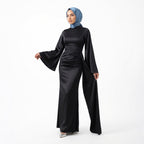 Kadın İspanyol Kol ve Yandan Kuyruklu Saten Tesettür Abiye Elbise 01639