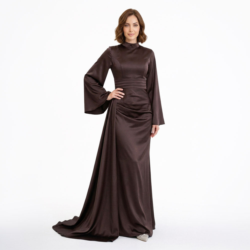 Kadın İspanyol Kol ve Yandan Kuyruklu Saten Tesettür Abiye Elbise 01639