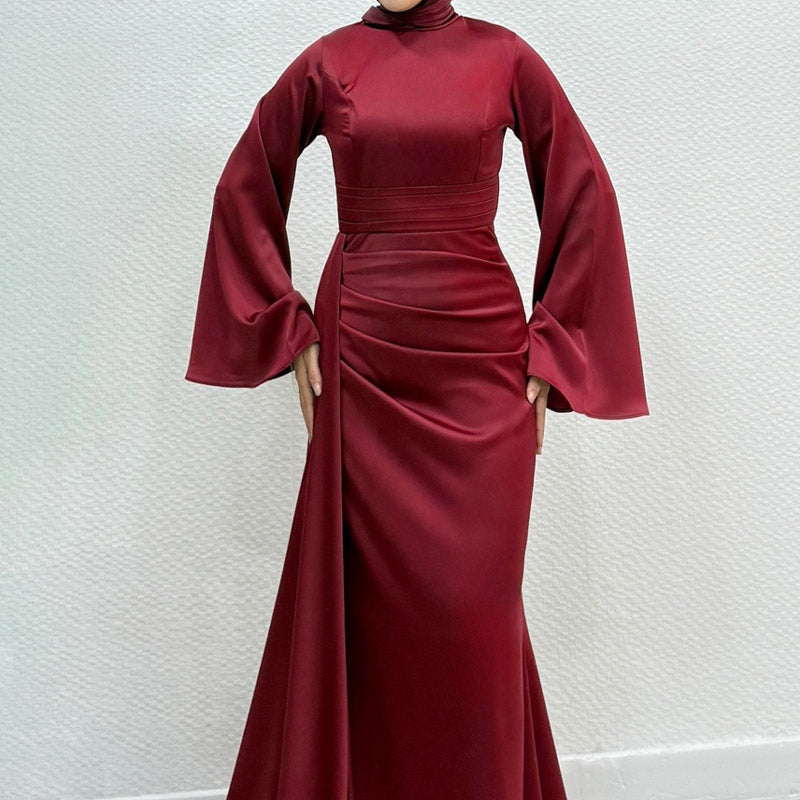 Kadın İspanyol Kol ve Yandan Kuyruklu Saten Tesettür Abiye Elbise 