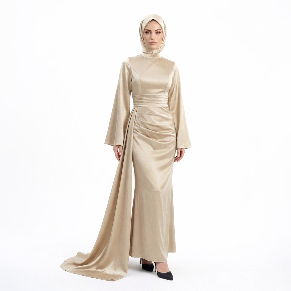 Kadın İspanyol Kol ve Yandan Kuyruklu Saten Tesettür Abiye Elbise 01639
