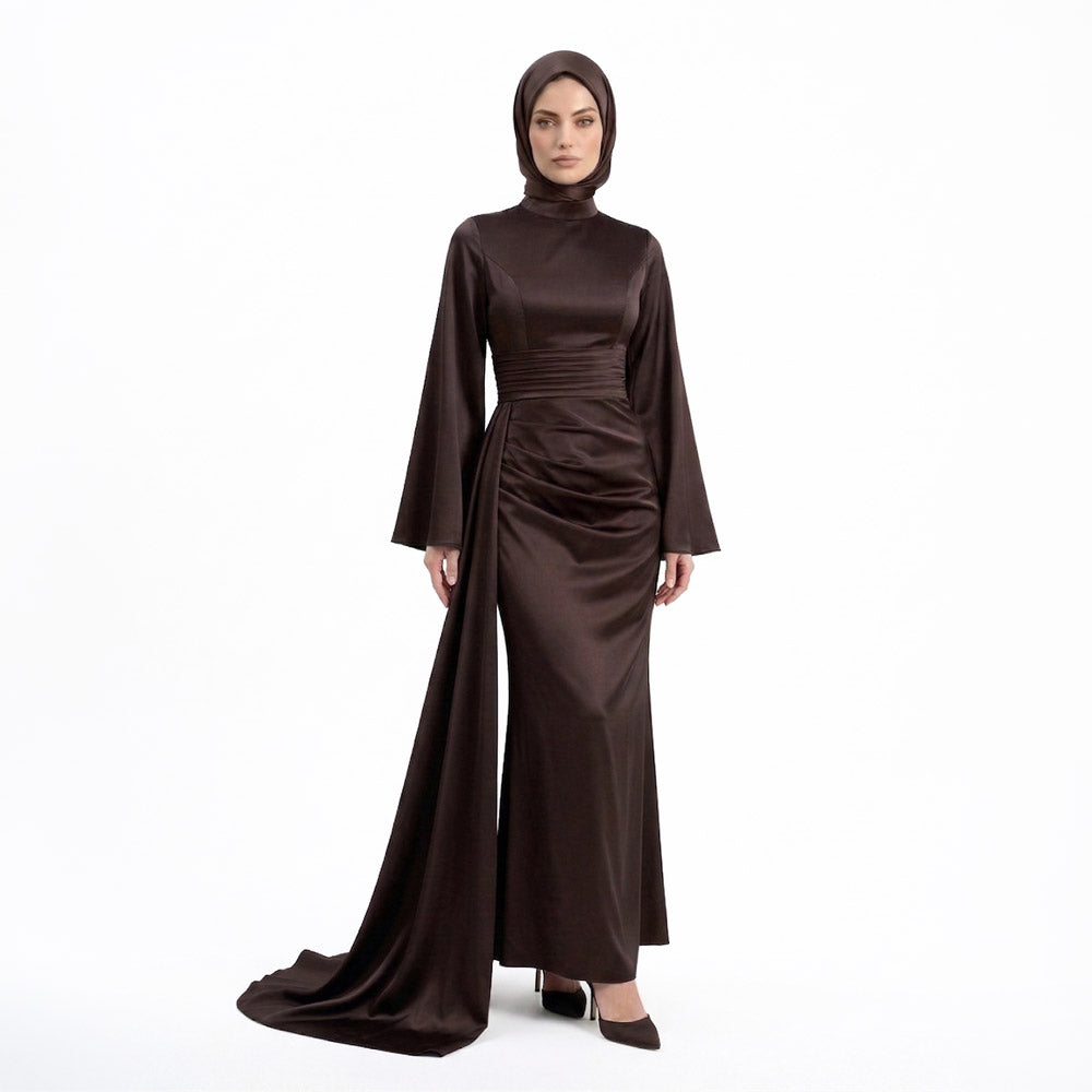 Kadın İspanyol Kol ve Yandan Kuyruklu Saten Tesettür Abiye Elbise 01639