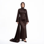 Kadın İspanyol Kol ve Yandan Kuyruklu Saten Tesettür Abiye Elbise 01639