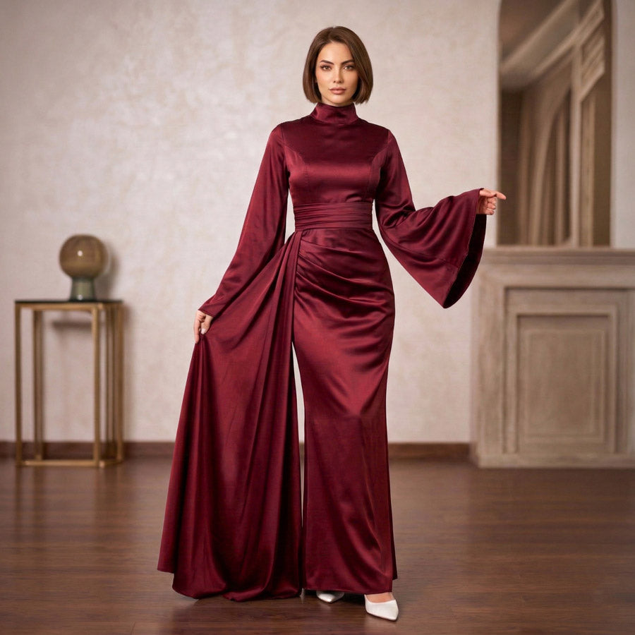 Kadın İspanyol Kol ve Yandan Kuyruklu Saten Tesettür Abiye Elbise 