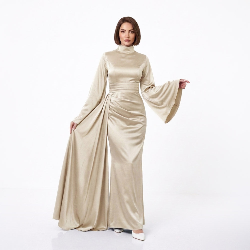 Kadın İspanyol Kol ve Yandan Kuyruklu Saten Tesettür Abiye Elbise 01639