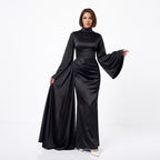 Kadın İspanyol Kol ve Yandan Kuyruklu Saten Tesettür Abiye Elbise 01639