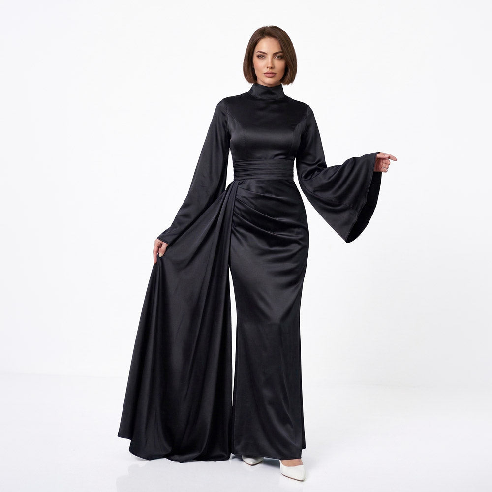 Kadın İspanyol Kol ve Yandan Kuyruklu Saten Tesettür Abiye Elbise 01639