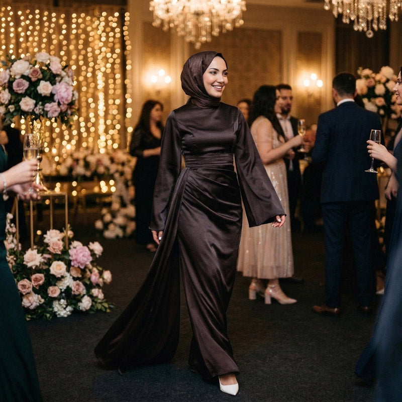 Kadın İspanyol Kol ve Yandan Kuyruklu Saten Tesettür Abiye Elbise 01639