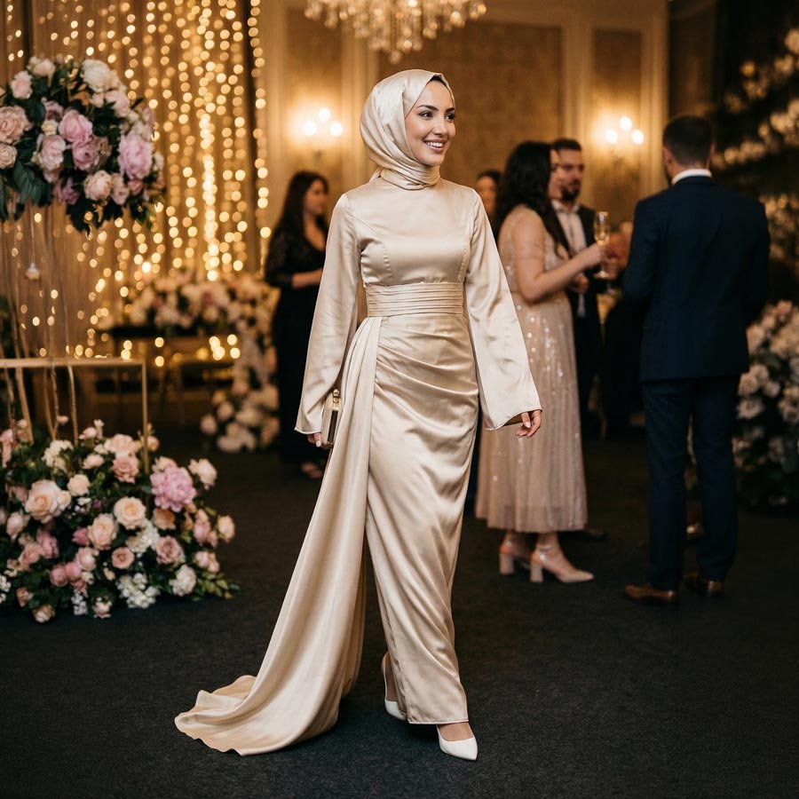 Kadın İspanyol Kol ve Yandan Kuyruklu Saten Tesettür Abiye Elbise 01639