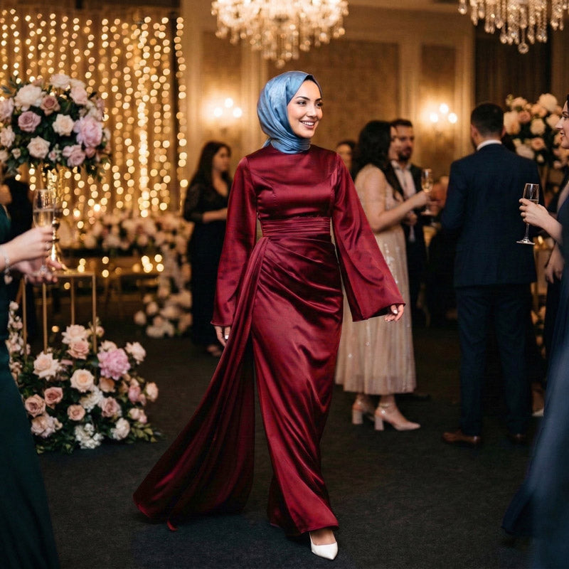 Kadın İspanyol Kol ve Yandan Kuyruklu Saten Tesettür Abiye Elbise 