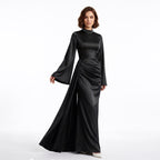 Kadın İspanyol Kol ve Yandan Kuyruklu Saten Tesettür Abiye Elbise 01639