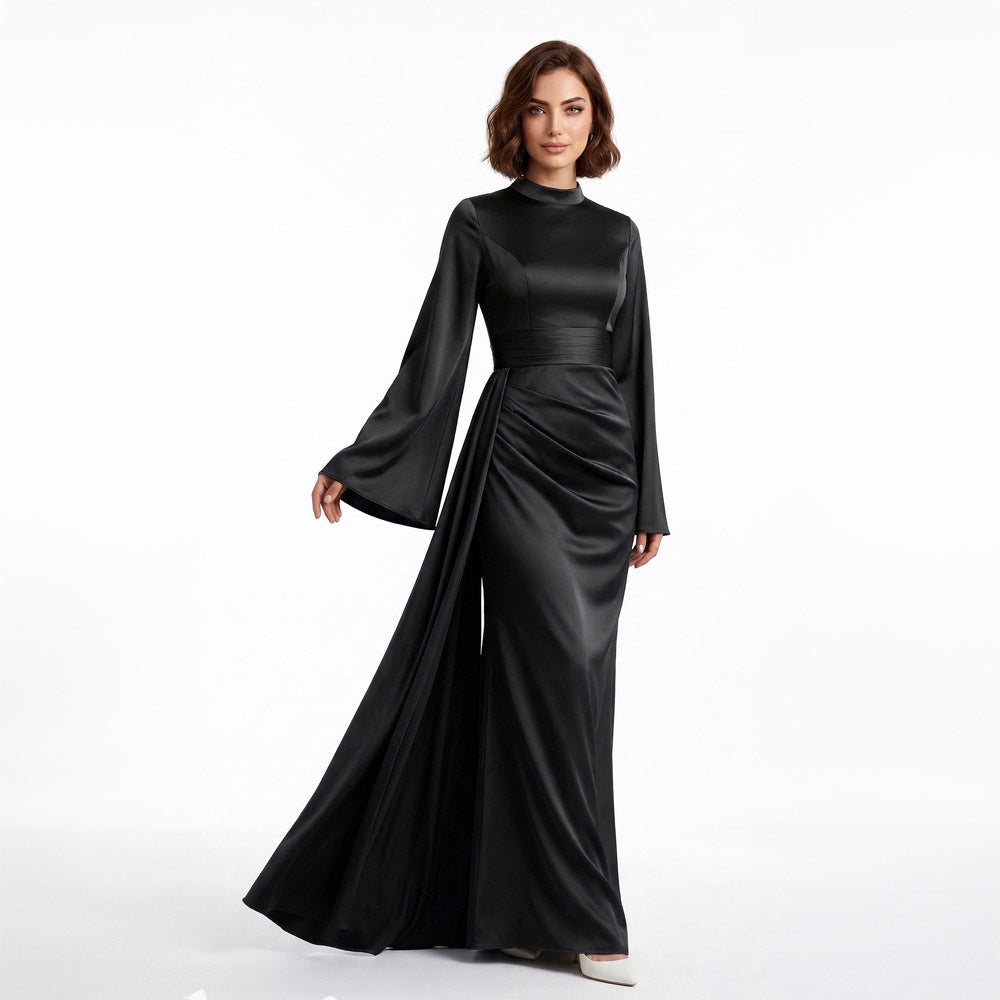 Kadın İspanyol Kol ve Yandan Kuyruklu Saten Tesettür Abiye Elbise 01639