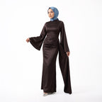 Kadın İspanyol Kol ve Yandan Kuyruklu Saten Tesettür Abiye Elbise 01639