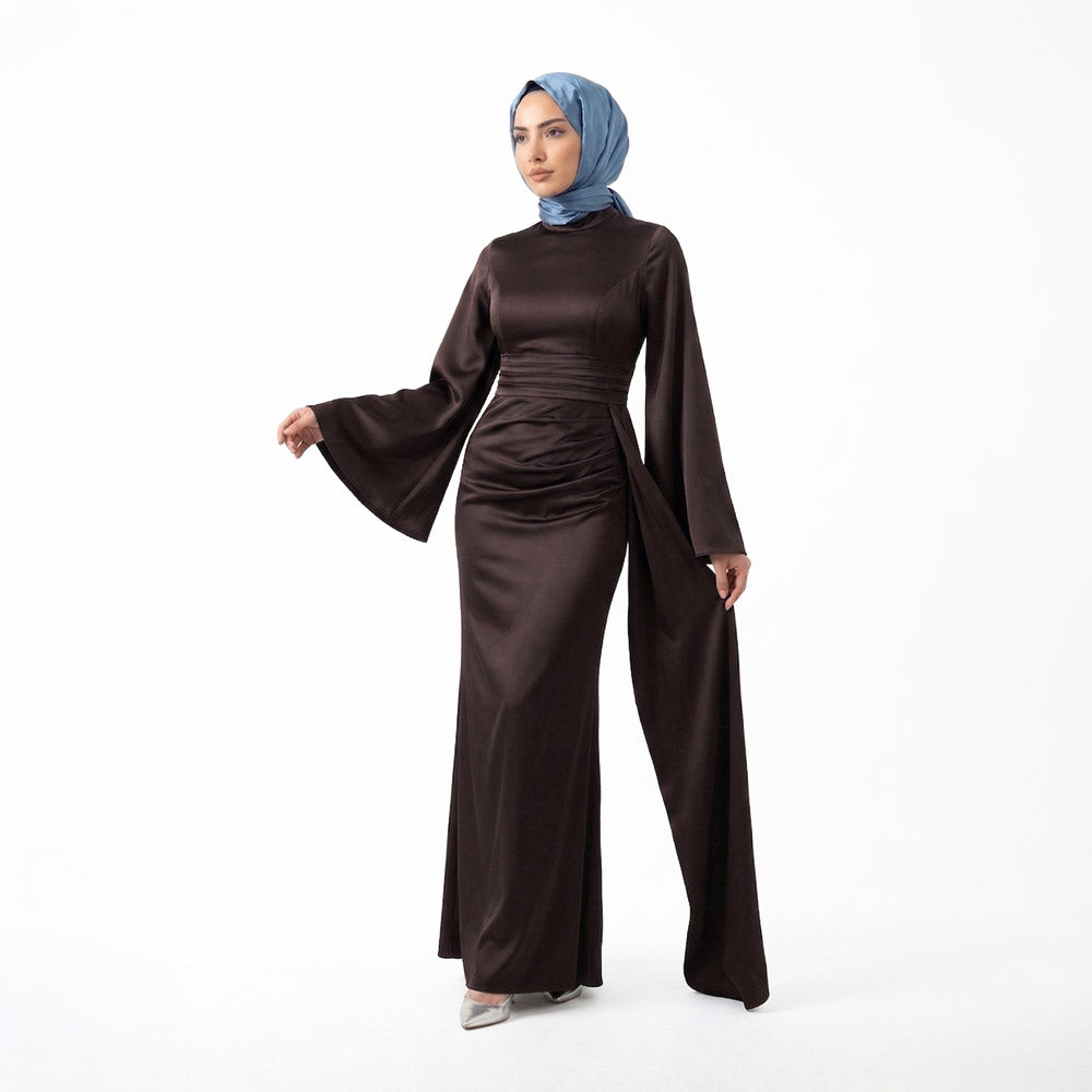 Kadın İspanyol Kol ve Yandan Kuyruklu Saten Tesettür Abiye Elbise 01639