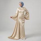 Kadın İspanyol Kol ve Yandan Kuyruklu Saten Tesettür Abiye Elbise 01639