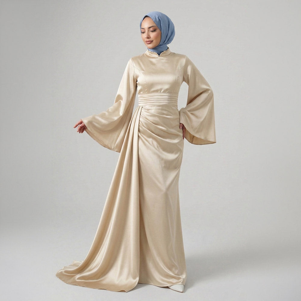 Kadın İspanyol Kol ve Yandan Kuyruklu Saten Tesettür Abiye Elbise 01639