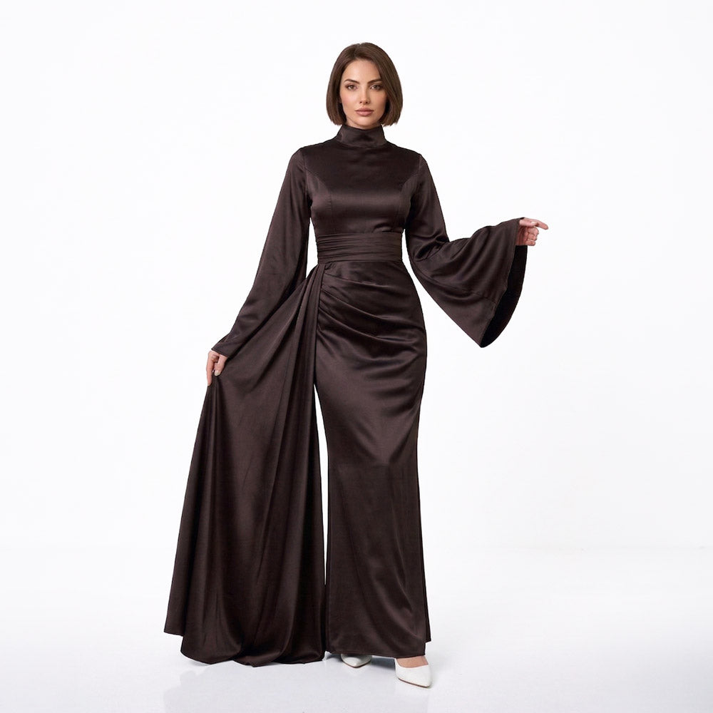 Kadın İspanyol Kol ve Yandan Kuyruklu Saten Tesettür Abiye Elbise 01639