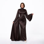 Kadın İspanyol Kol ve Yandan Kuyruklu Saten Tesettür Abiye Elbise 01639