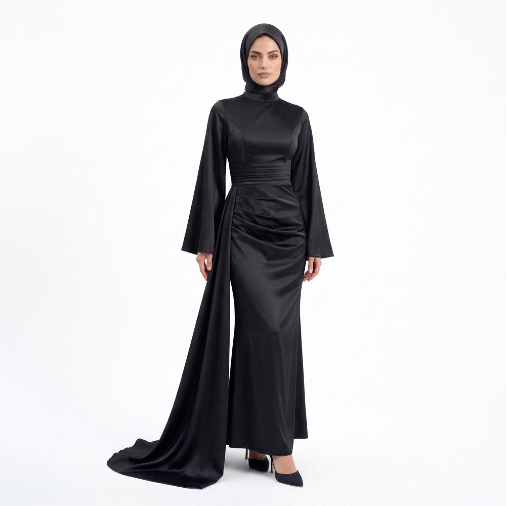 Kadın İspanyol Kol ve Yandan Kuyruklu Saten Tesettür Abiye Elbise 01639