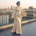 Kadın İspanyol Kol ve Yandan Kuyruklu Saten Tesettür Abiye Elbise 01639