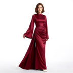 Kadın İspanyol Kol ve Yandan Kuyruklu Saten Tesettür Abiye Elbise 