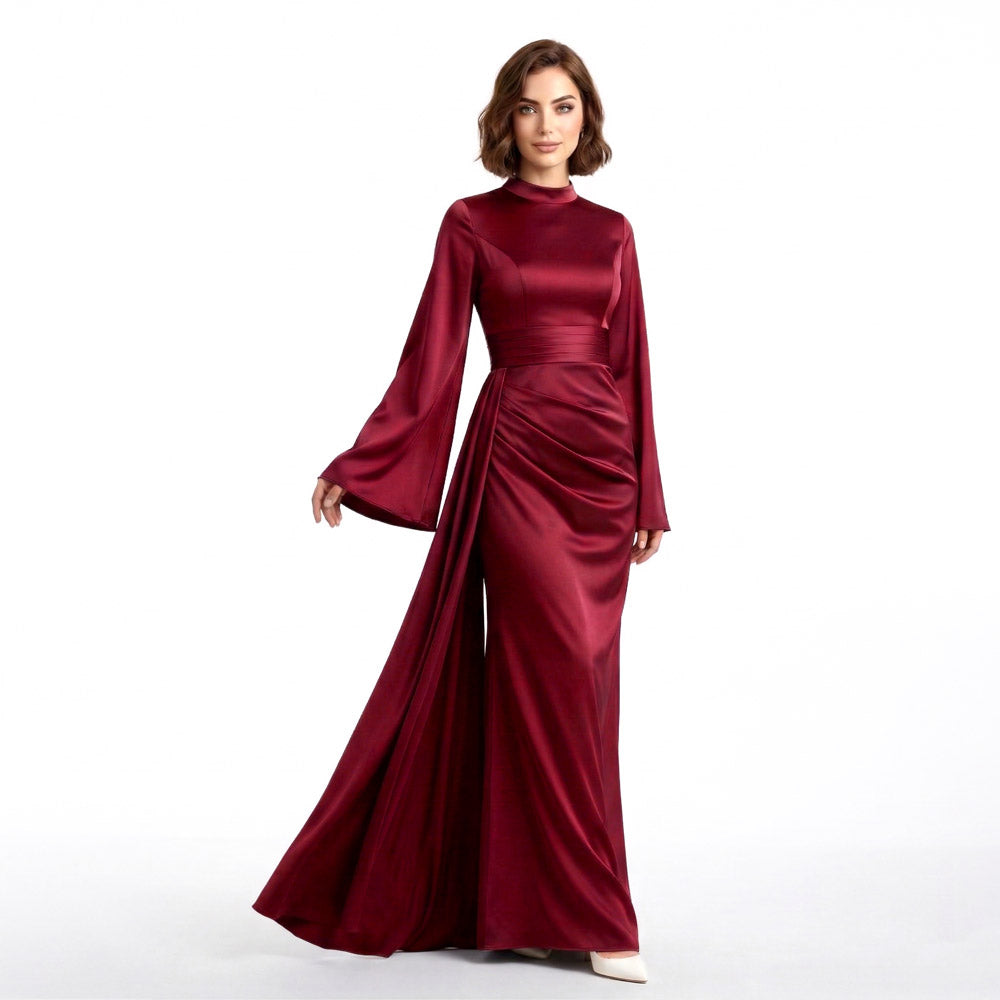 Kadın İspanyol Kol ve Yandan Kuyruklu Saten Tesettür Abiye Elbise 