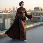 Kadın İspanyol Kol ve Yandan Kuyruklu Saten Tesettür Abiye Elbise 01639