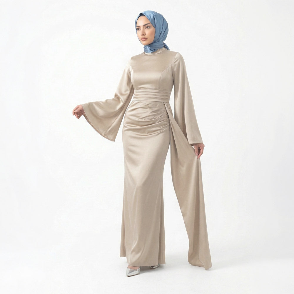 Kadın İspanyol Kol ve Yandan Kuyruklu Saten Tesettür Abiye Elbise 01639