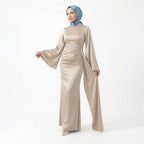 Kadın İspanyol Kol ve Yandan Kuyruklu Saten Tesettür Abiye Elbise 01639