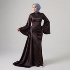 Kadın İspanyol Kol ve Yandan Kuyruklu Saten Tesettür Abiye Elbise 01639