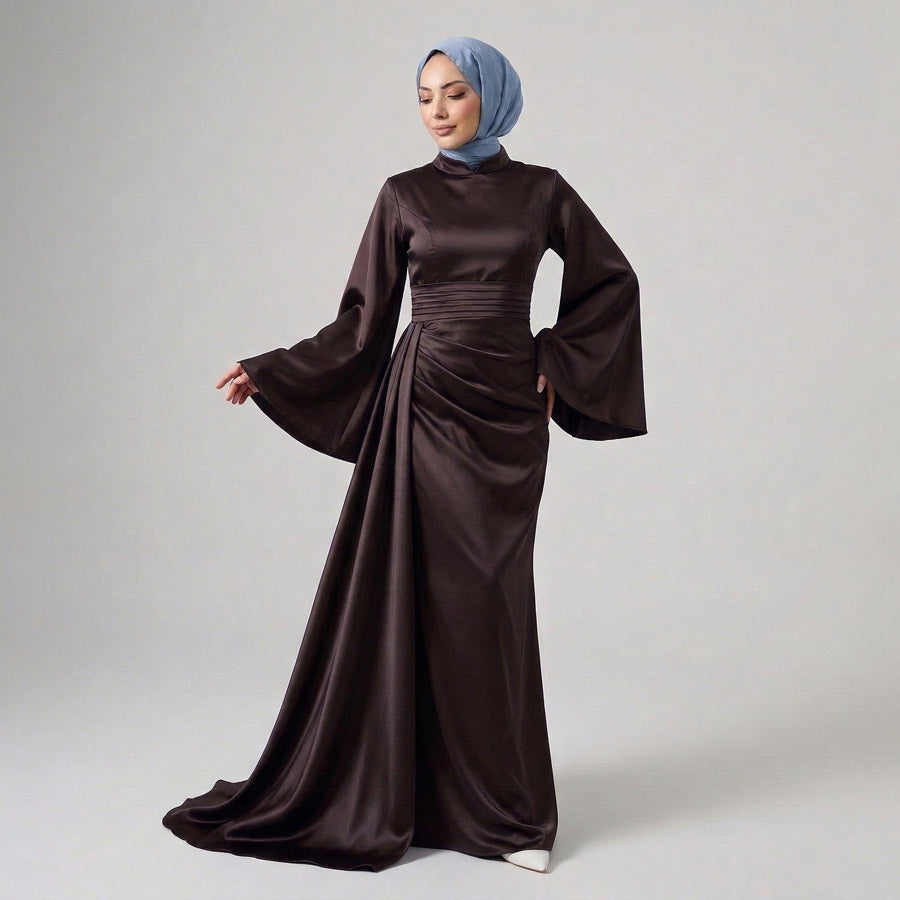 Kadın İspanyol Kol ve Yandan Kuyruklu Saten Tesettür Abiye Elbise 01639