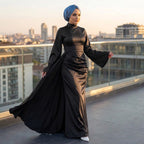 Kadın İspanyol Kol ve Yandan Kuyruklu Saten Tesettür Abiye Elbise 01639