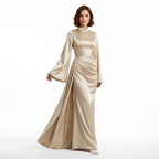 Kadın İspanyol Kol ve Yandan Kuyruklu Saten Tesettür Abiye Elbise 01639