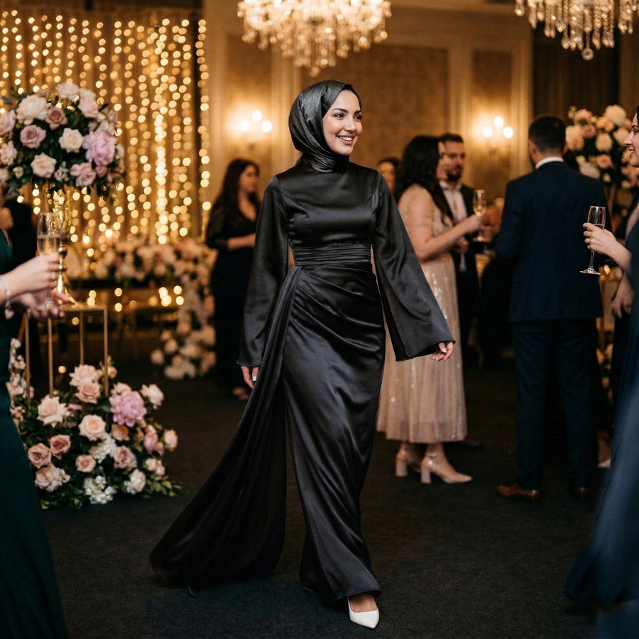 Kadın İspanyol Kol ve Yandan Kuyruklu Saten Tesettür Abiye Elbise 01639