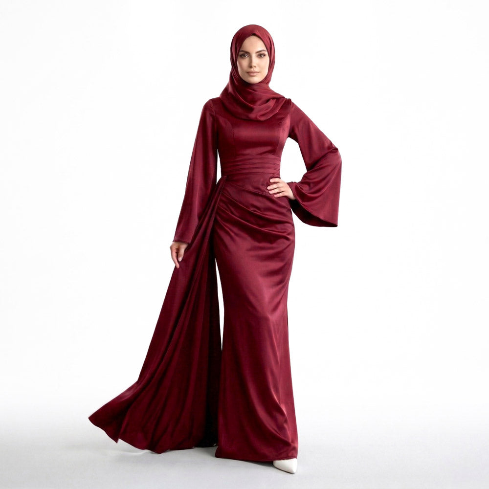 Kadın İspanyol Kol ve Yandan Kuyruklu Saten Tesettür Abiye Elbise 
