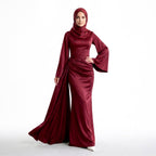 Kadın İspanyol Kol ve Yandan Kuyruklu Saten Tesettür Abiye Elbise 