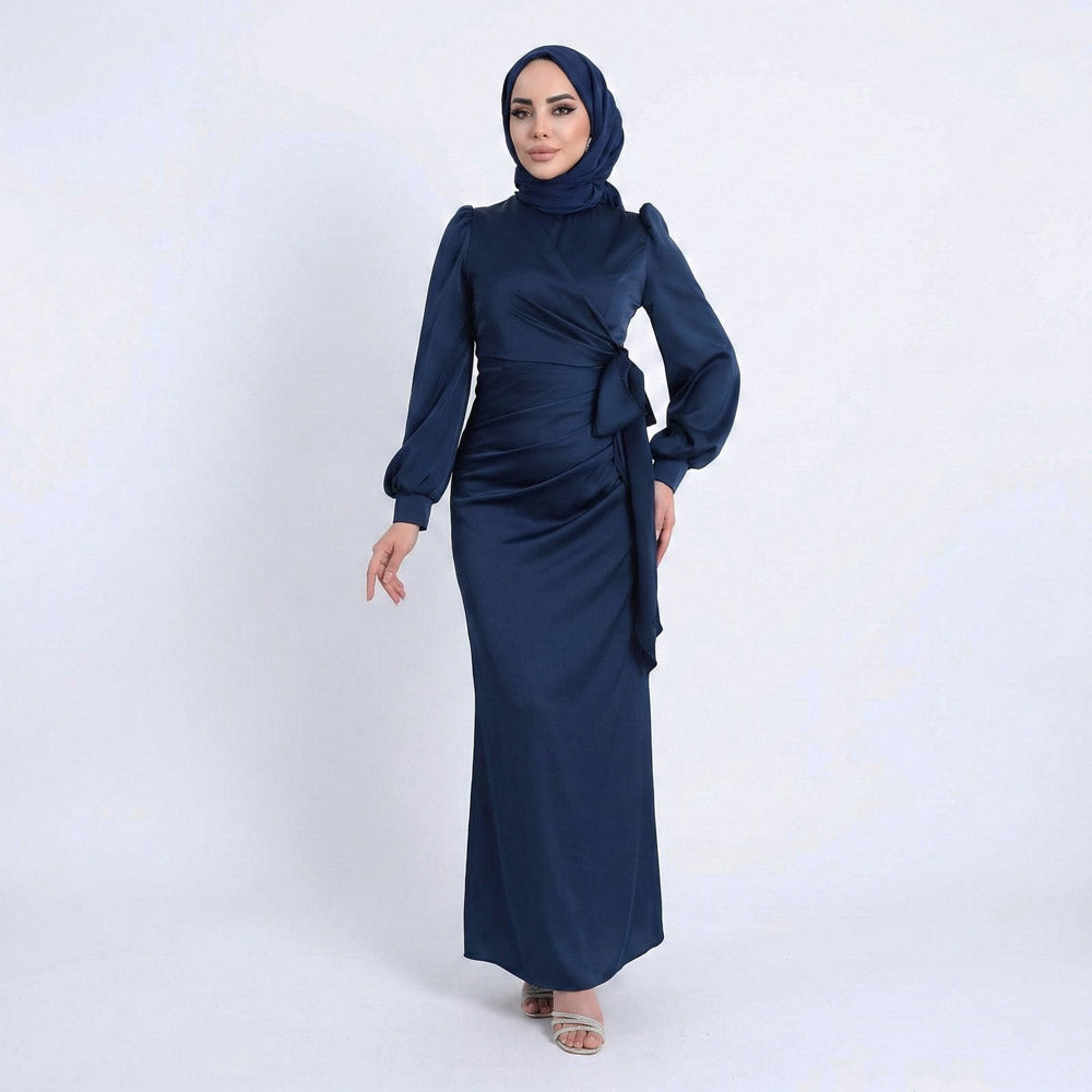 Kadın Yandan Bağlamalı Zara Saten Tesettür Abiye Elbise 19271