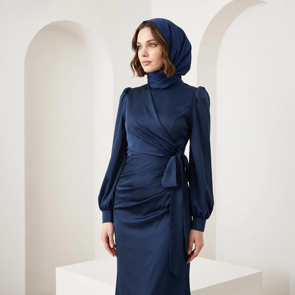 Kadın Yandan Bağlamalı Zara Saten Tesettür Abiye Elbise 19271