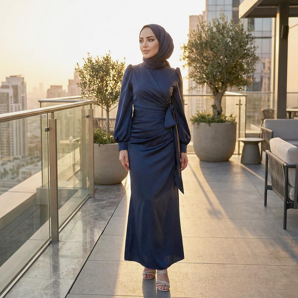 Kadın Yandan Bağlamalı Zara Saten Tesettür Abiye Elbise 19271