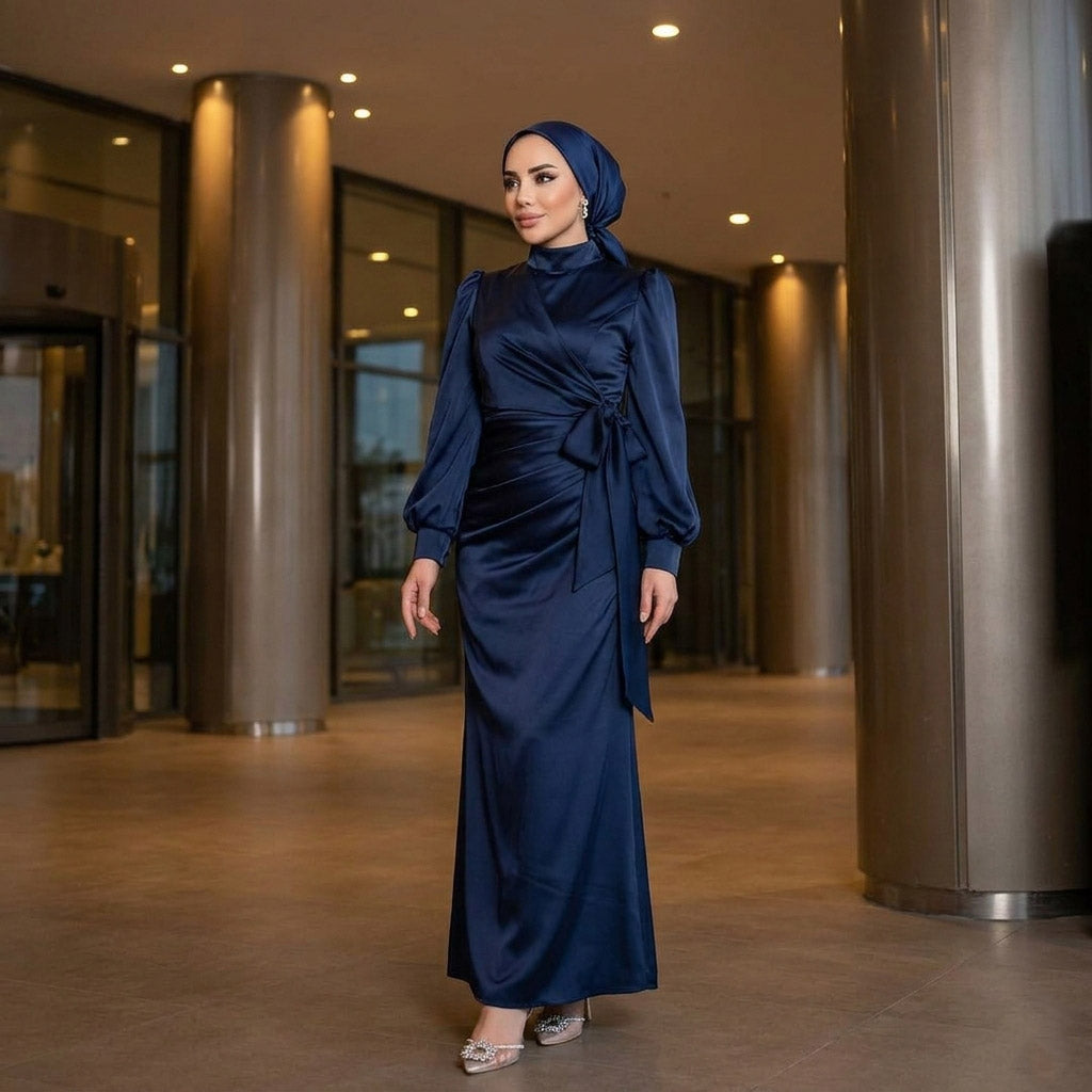 Kadın Yandan Bağlamalı Zara Saten Tesettür Abiye Elbise 19271