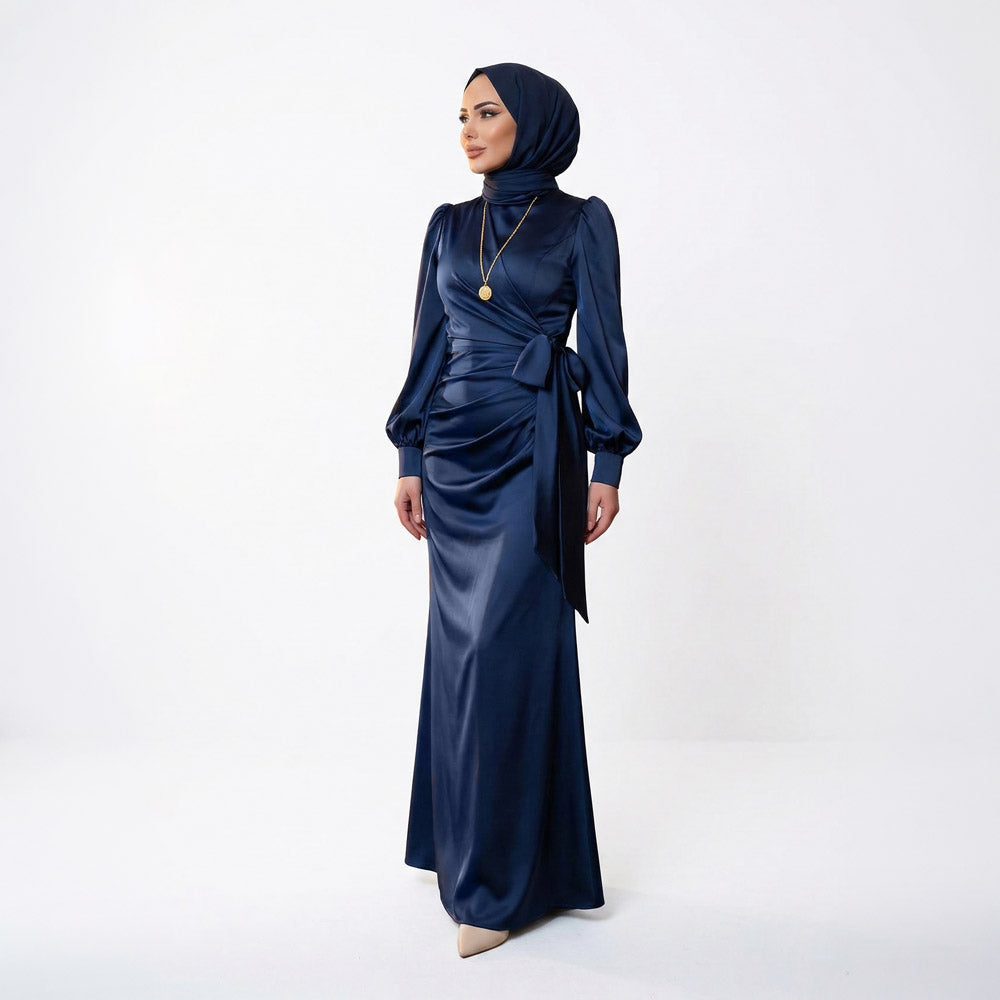 Kadın Yandan Bağlamalı Zara Saten Tesettür Abiye Elbise 19271