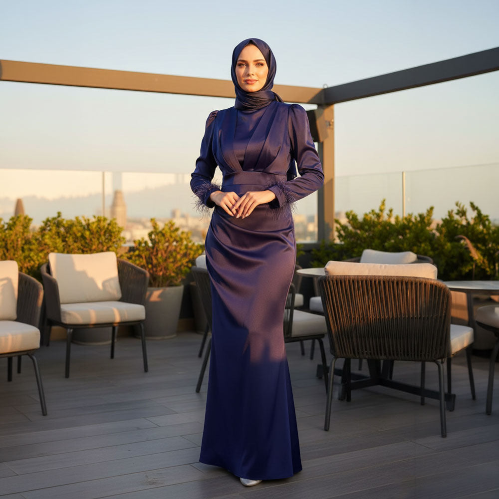 Kadın Saten ve Kolları Püsküllü Tesettür Abiye Elbise 95223